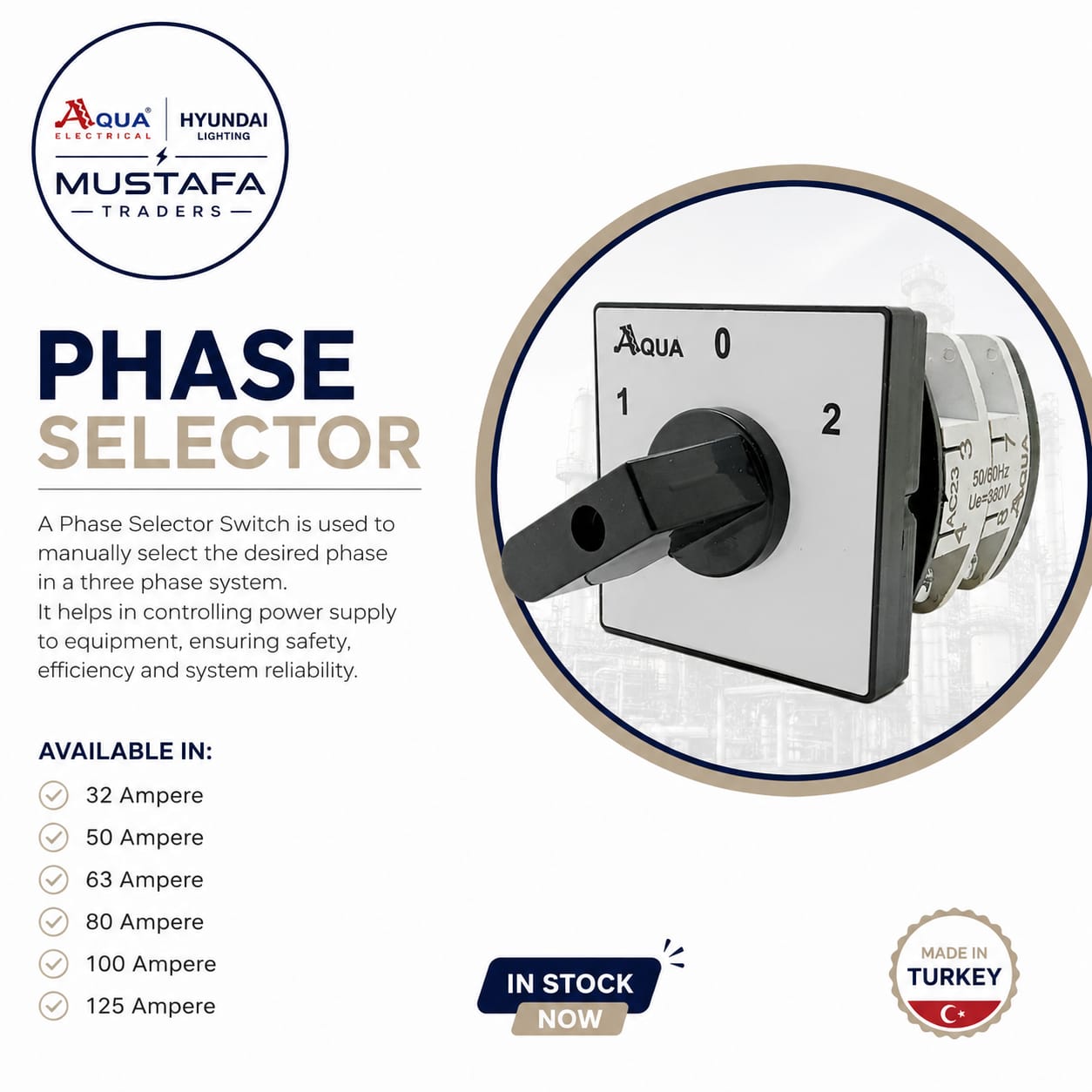 Aqua phase selector switch — made in Turkey, available 32A to 125A
