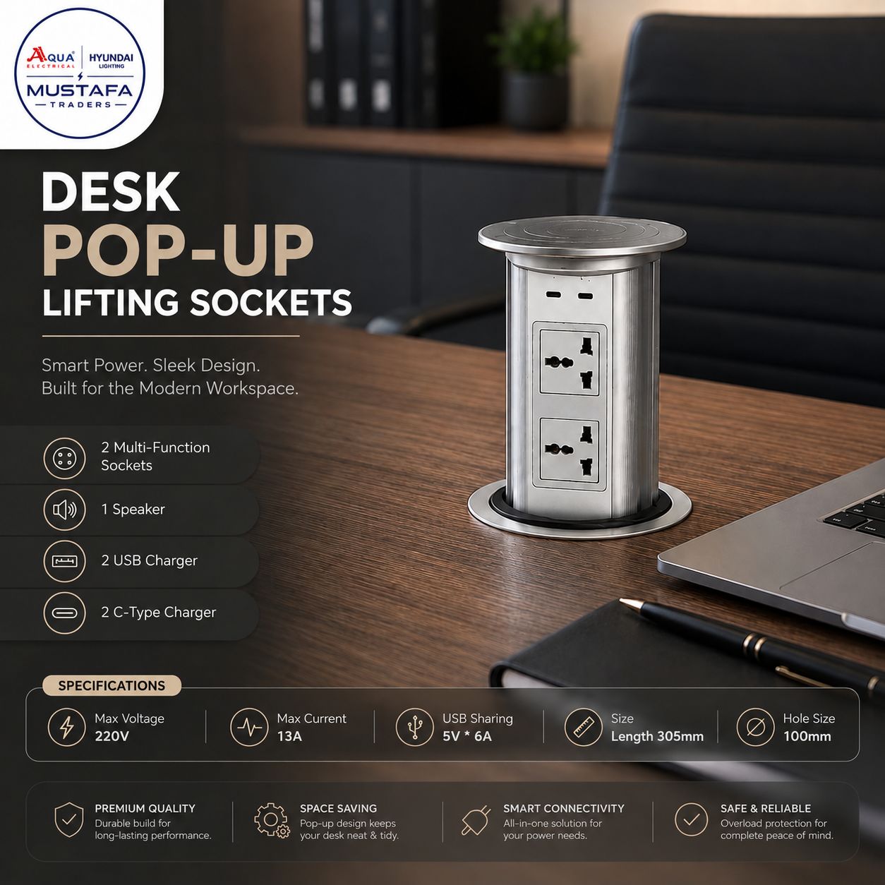 Desk pop-up lifting sockets with USB and C-type charging